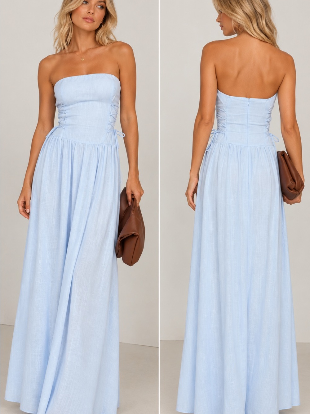 Princess Polly Strapless Pale Blue Maxi Dress with Corset Side Ties